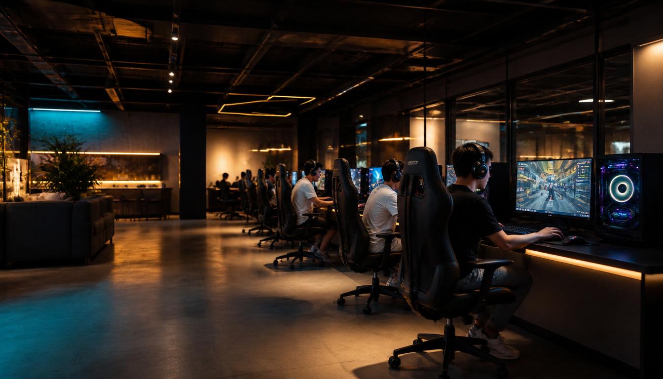 Interior of Respawn Lounge — rows of high-end gaming PCs with ambient lighting