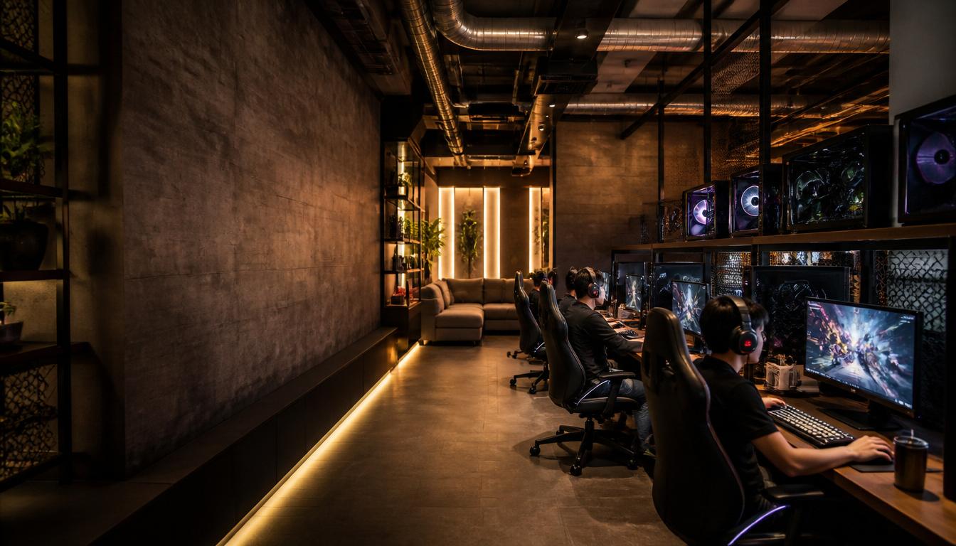 Main hall of Respawn Lounge with rows of gaming stations and ambient lighting