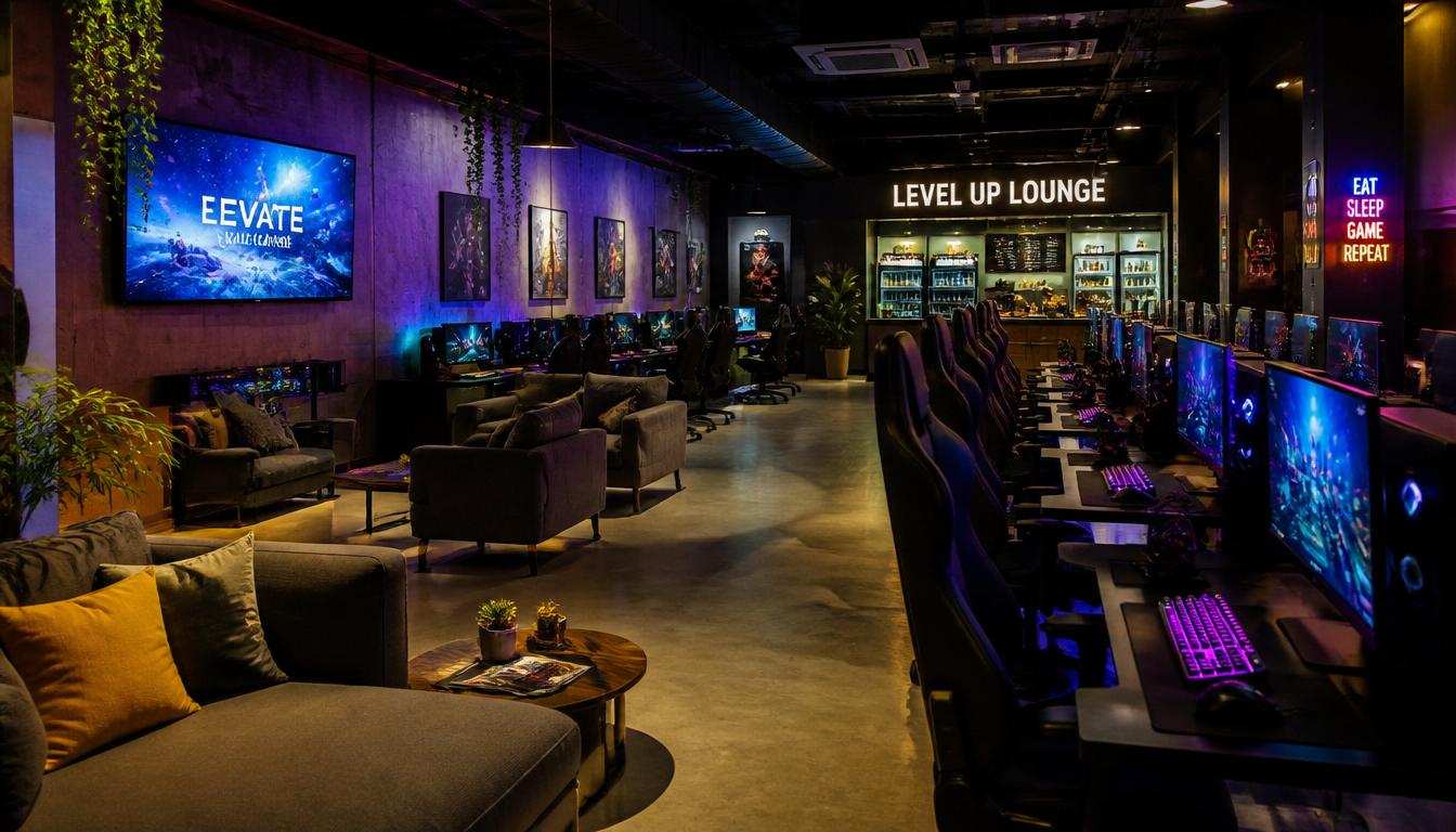 Second row of gaming stations at Respawn Lounge with ultrawide monitors